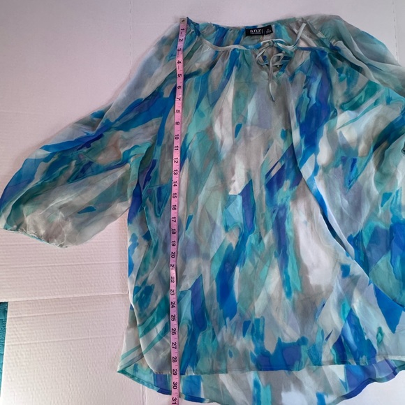 ANA A New Approach Sheer Abstract Blue Peasant Blouse 2X Tie Neck - Picture 6 of 10